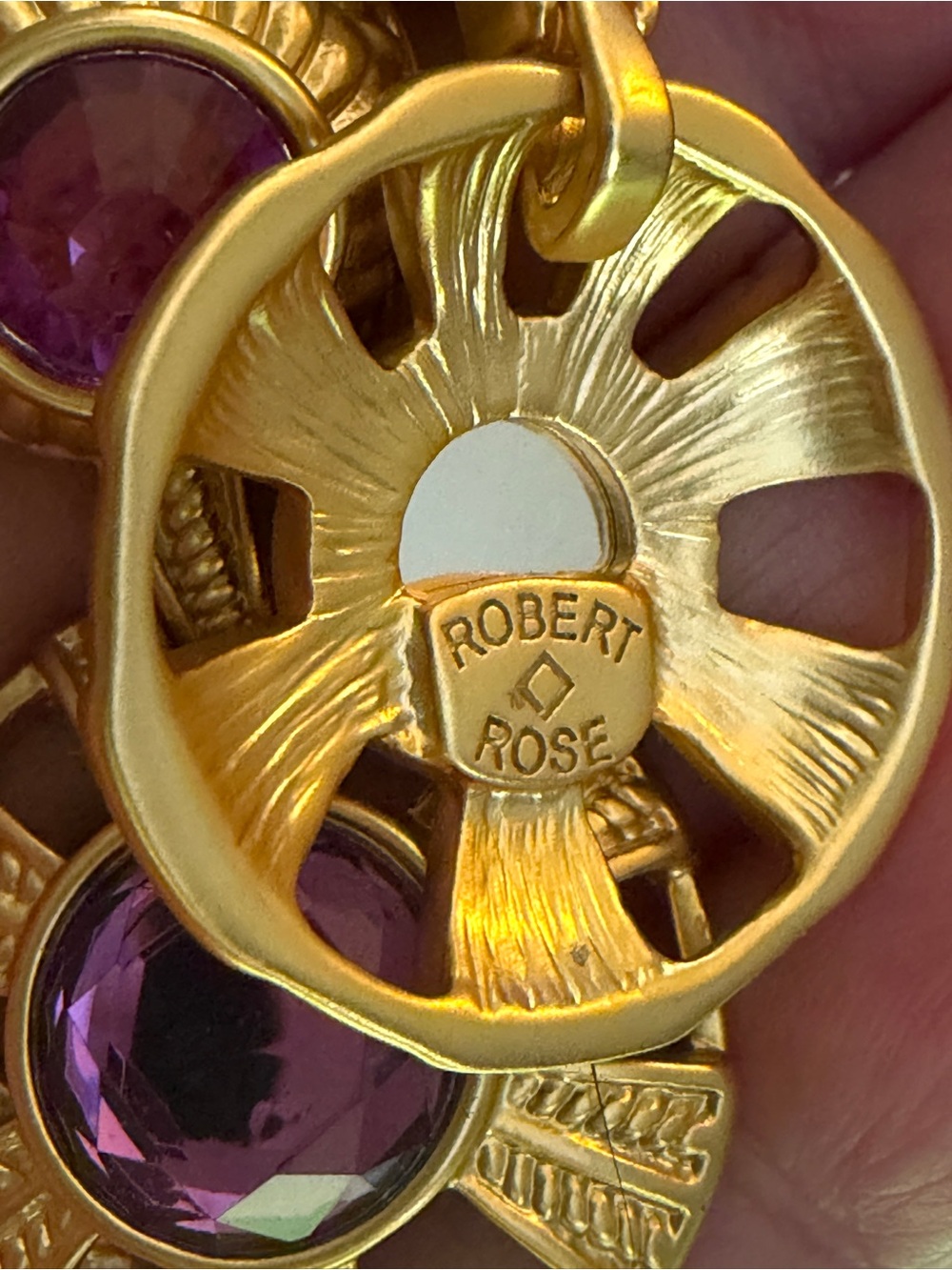 Vintage Robert Rose Museum Gold Purple Crystal Roman Dangle Disc Earrings - Post - Picture 7 of 11